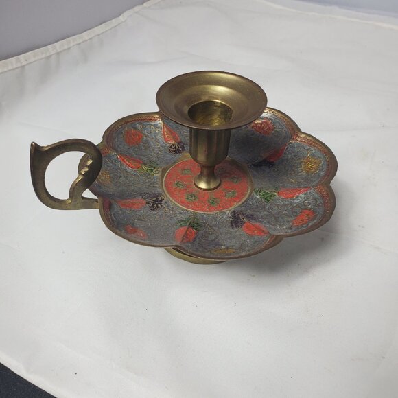 PENCO Industries Vintage Ornate ENAMELED BRASS CANDLESTICK HOLDER and 6" BOWL - Picture 6 of 7